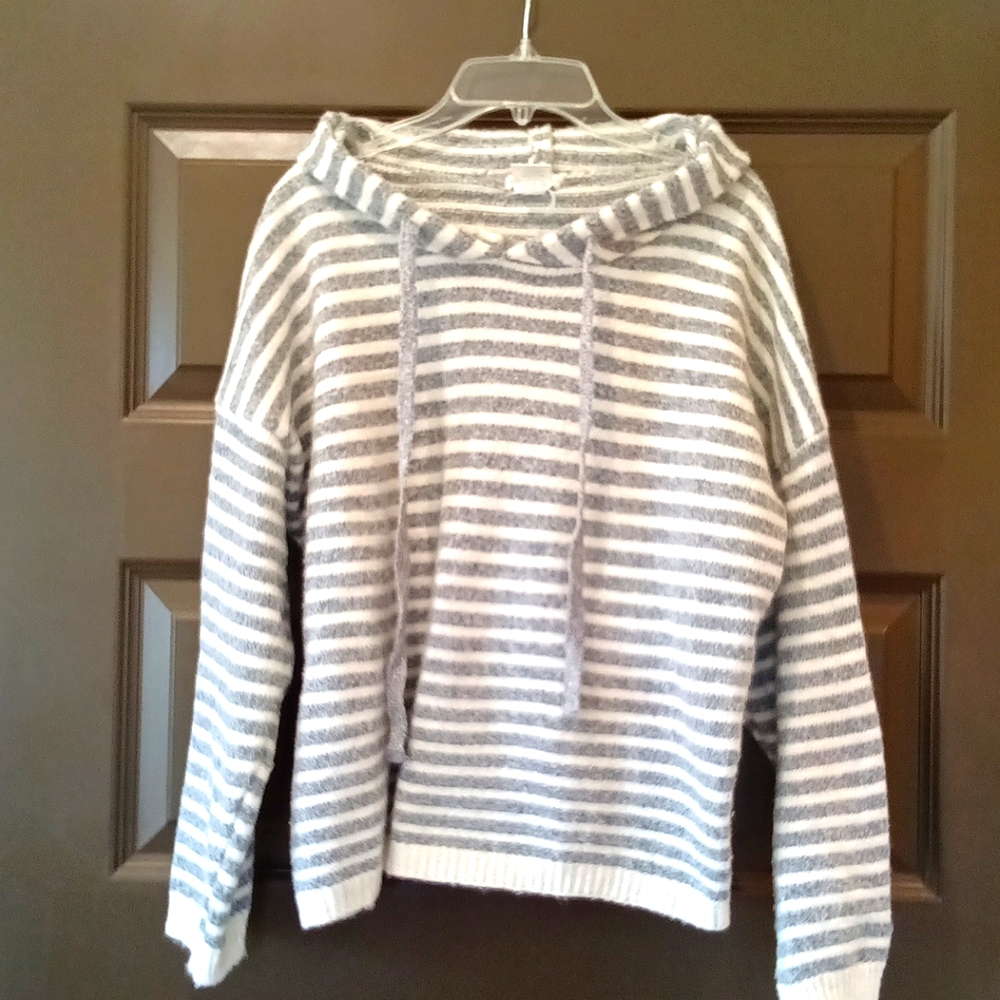 Size Small Hooded Striped Gray and Cream Sweater Made by Main Strip